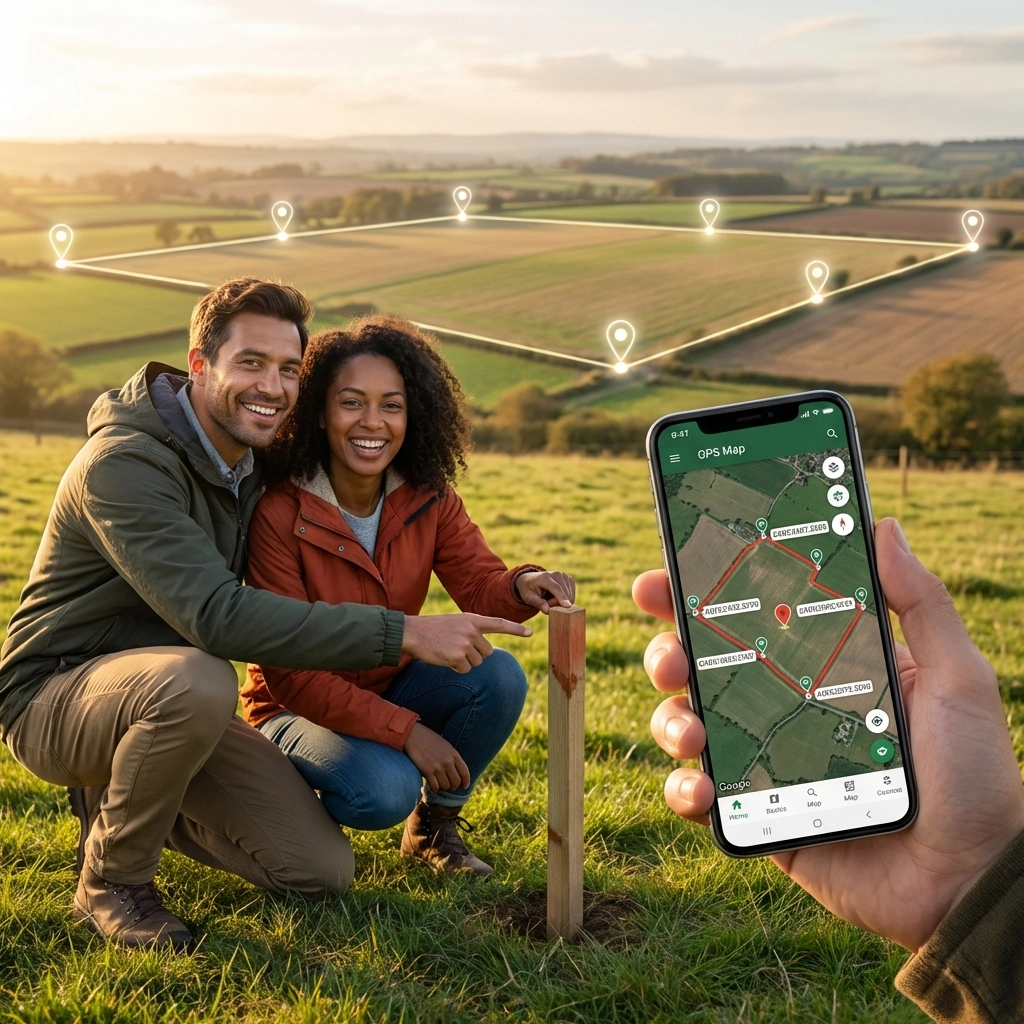 Couple using GPS coordinates to find property boundary pegs