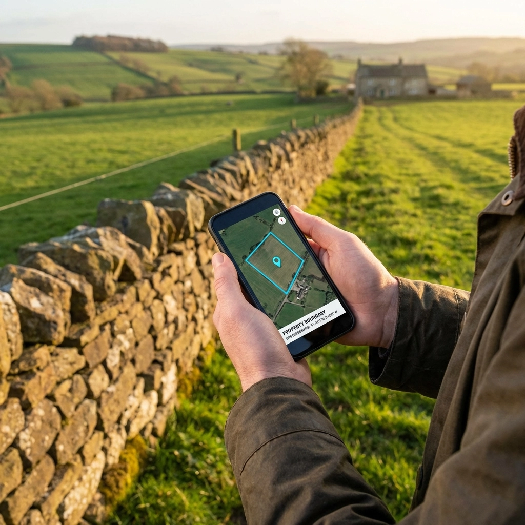Person using smartphone to find property boundaries near a fence line